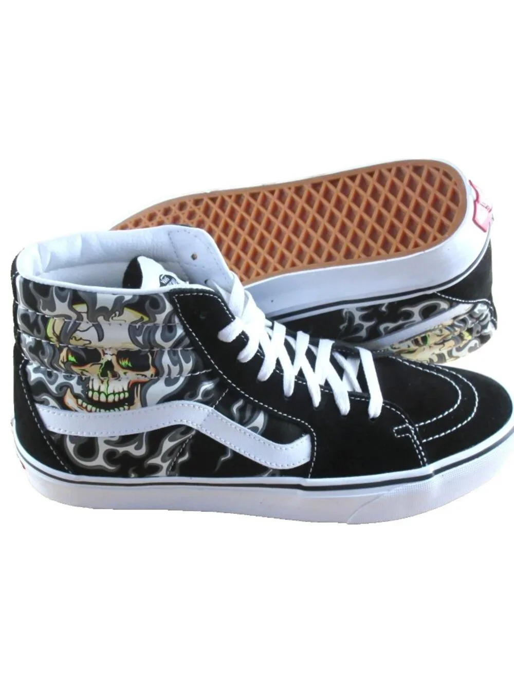 Vans Men's Sk8-Hi Flame Skull Black True White Canvas Suede shoes Size 11 NEW
